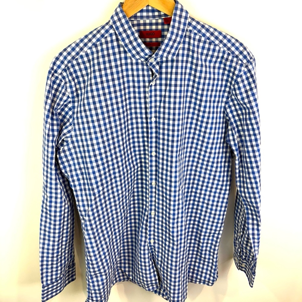 Hugo Boss Blue and White Plaid Shirt size 16.5
